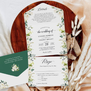 Invitation Tout En Un Détails du Mariage Floral Blanc vert RSVP