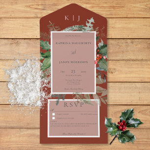 Invitation Tout En Un Détails Rustique Red Winter Holly & Pine