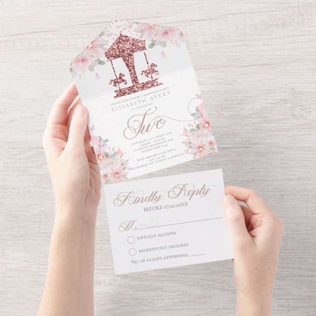 Invitation Tout En Un Deuxième carrousel d'anniversaire Parties scintill (Déchirure)