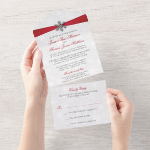 Invitation Tout En Un Diamante Flocon de neige et Ruban rouge Mariage d'