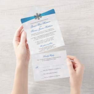 Invitation Tout En Un Diamante Snowflake & Blue Ribbon Mariage d'hiver