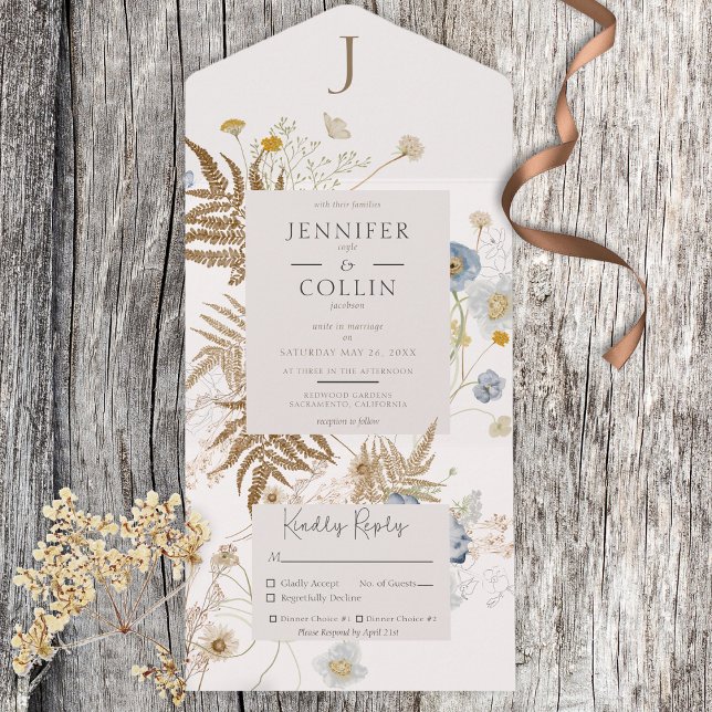 Invitation Tout En Un Dîner à la crème Monogram Fleur sauvage rustique (Créateur téléchargé)