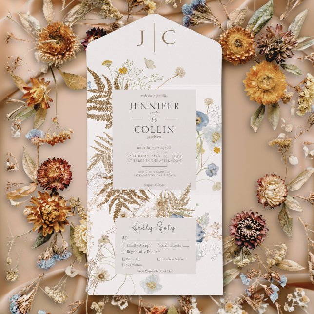 Invitation Tout En Un Dîner à la crème Monogram Fleur sauvage rustique (Rustic Wildflowers Monogram Cream Dinner All In One Invitation)