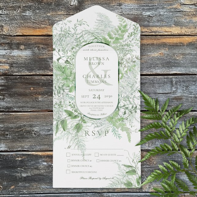 Invitation Tout En Un Dîner blanc Folid vert de foune moderne (Modern Fern Green Foliage White Dinner All In One Invitation)