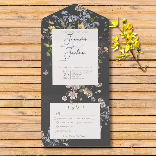 Invitation Tout En Un Dîner Boho Fleur sauvage au charbon (Delicate Boho Wildflowers Charcoal Wedding All In One Invitation with Dinner Options)