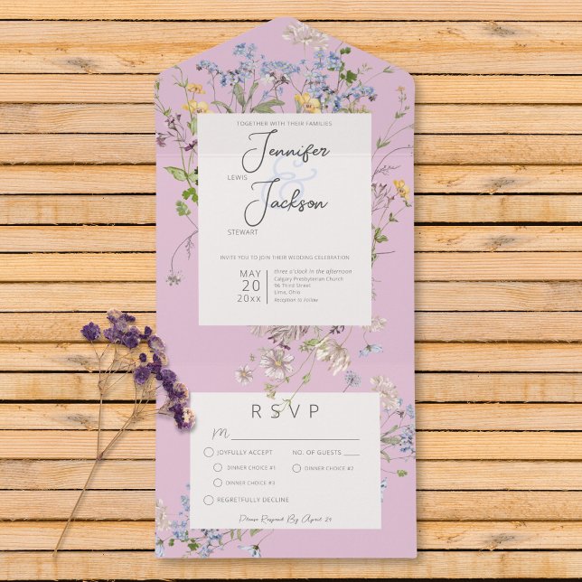 Invitation Tout En Un Dîner Boho Fleur sauvage Rose (Delicate Boho Wildflowers Pink Dinner All In One Invitation)