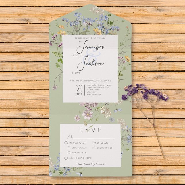 Invitation Tout En Un Dîner Boho Fleur sauvage Sage Green (Delicate Boho Wildflowers Sage Green Dinner All In One Invitation)