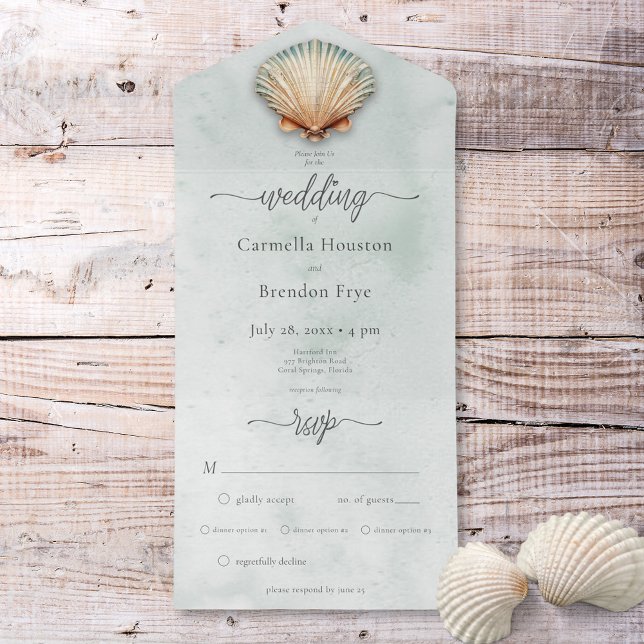 Invitation Tout En Un Dîner d'aquarelle Aqua Coastell Moderne (Modern Coastal Seashell Aqua Watercolor Dinner All In One Invitation)