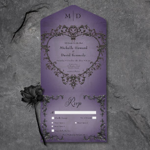 Invitation Tout En Un Dîner de coeur gothique noir et violet en fibre