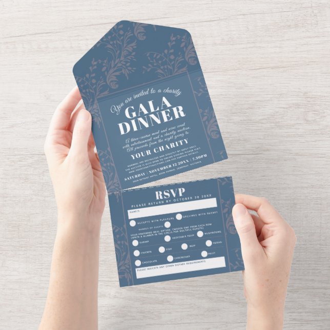Invitation Tout En Un Dîner de gala motif bleu gris (Déchirure)
