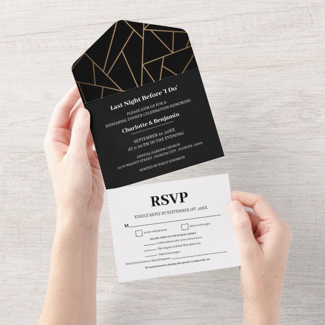 Invitation Tout En Un Dîner de répétition de choix de repas moderne noir (Déchirure)