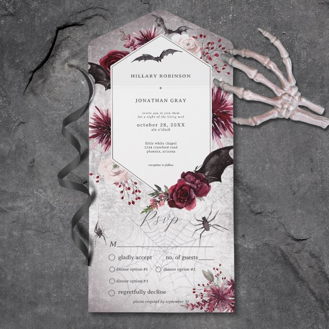 Invitation Tout En Un Dîner d'Halloween gothique noir et bordeaux (Gothic Black & Burgundy Halloween Hexagon Dinner All In One Invitation)