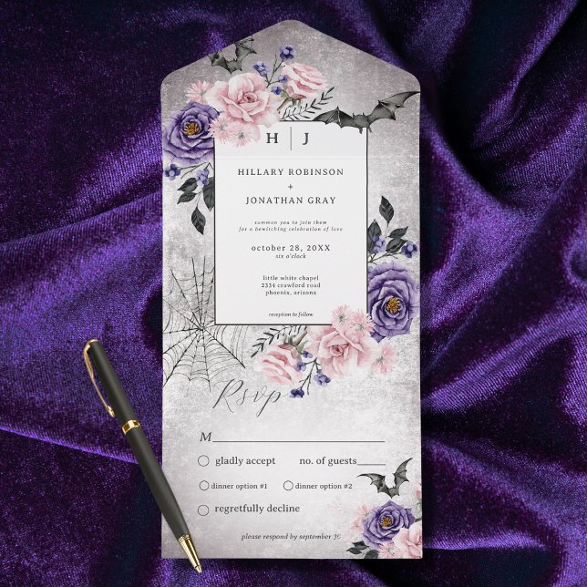 Invitation Tout En Un Dîner d'Halloween rustique gothique rose et violet (Also available with a QR code or without dinner selection options.)