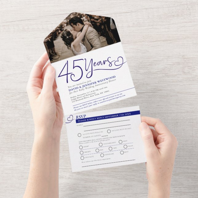 Invitation Tout En Un Dîner du 45e anniversaire du mariage bleu RSVP pho (Déchirure)