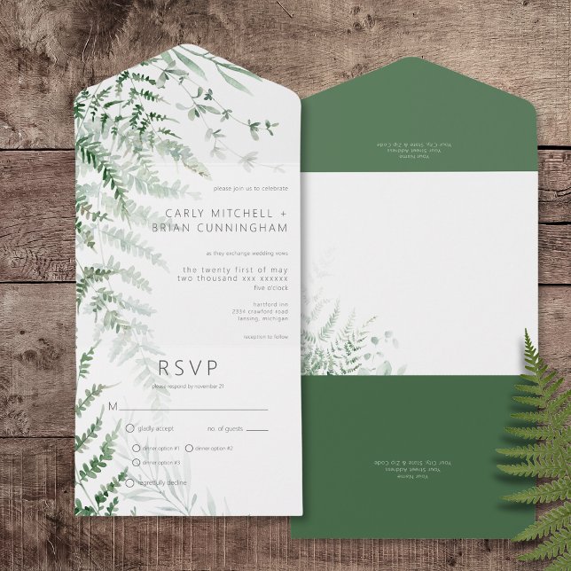 Invitation Tout En Un Dîner Elégant Et Délicat De Verdure Ferns (Elegant Delicate Greenery Ferns All In One Wedding Invitation with Dinner Options)
