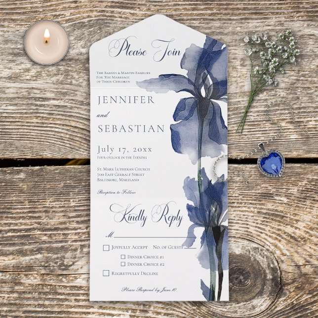 Invitation Tout En Un Dîner Fleur Iris Bleu Moderne (Also available with a QR code or without dinner selection options.)