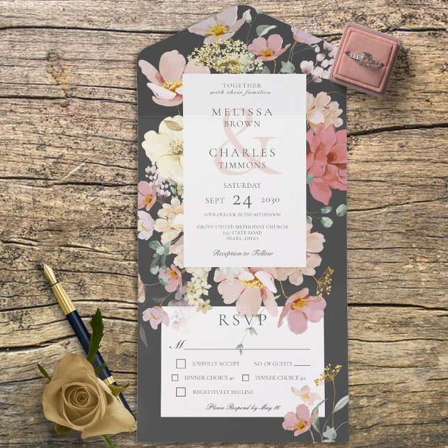 Invitation Tout En Un Diner Fleurs Boho Noir & Blush Rose (Créateur téléchargé)