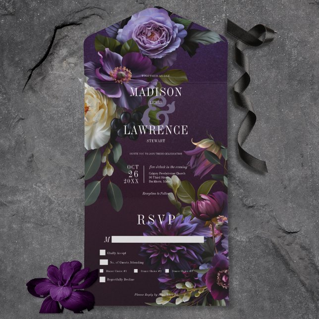 Invitation Tout En Un Dîner floral blanc et mauve foncé (Dark Moody Purple & White Floral All In One Wedding Invitation with Dinner Options)