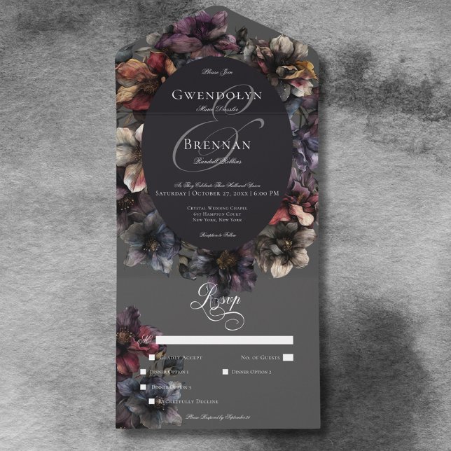 Invitation Tout En Un Dîner Floral Moody Gothique foncé (Dark Gothic Moody Watercolor Floral Dinner All In One Invitation)