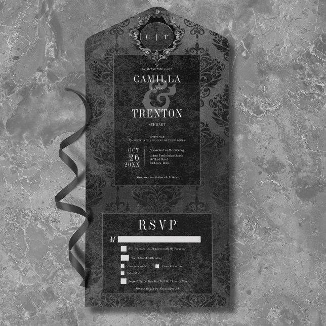 Invitation Tout En Un Dîner gothique foncé noir et noir damassé (Dark Gothic Black & Black Damask Dinner All In One Invitation)