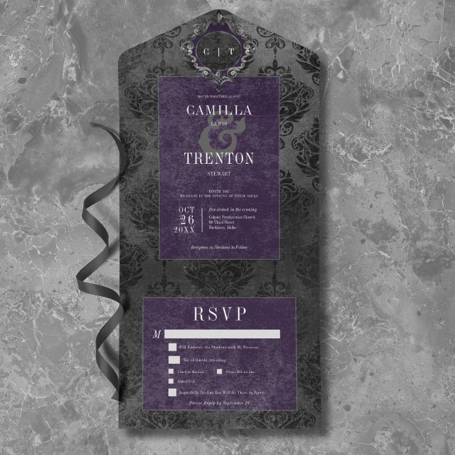 Invitation Tout En Un Dîner gothique foncé noir et pourpre damassé (Dark Gothic Black & Purple Damask Dinner All In One Invitation)