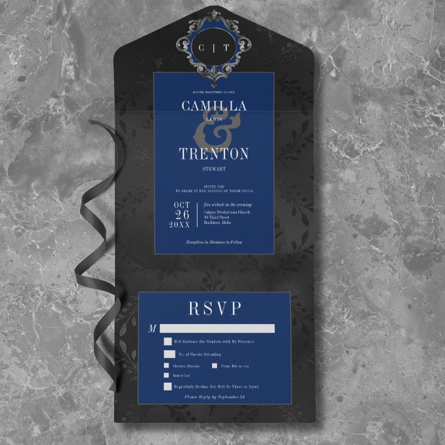 Invitation Tout En Un Dîner Gothique Noir & Bleu Floral Satin (Dark Gothic Black & Blue Floral Satin Dinner All In One Invitation)
