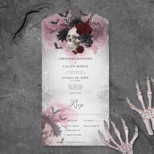 Invitation Tout En Un Dîner Gothique Noir & Bourgogne Skull & Bats