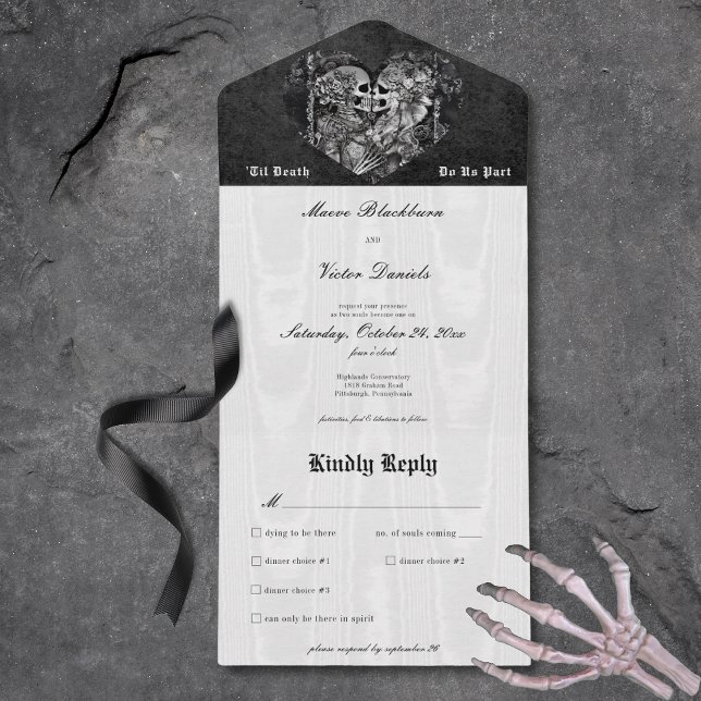 Invitation Tout En Un Dîner gothique noir et blanc squelette Couple (Gothic Black & White Skeleton Couple Dinner All In One Invitation)
