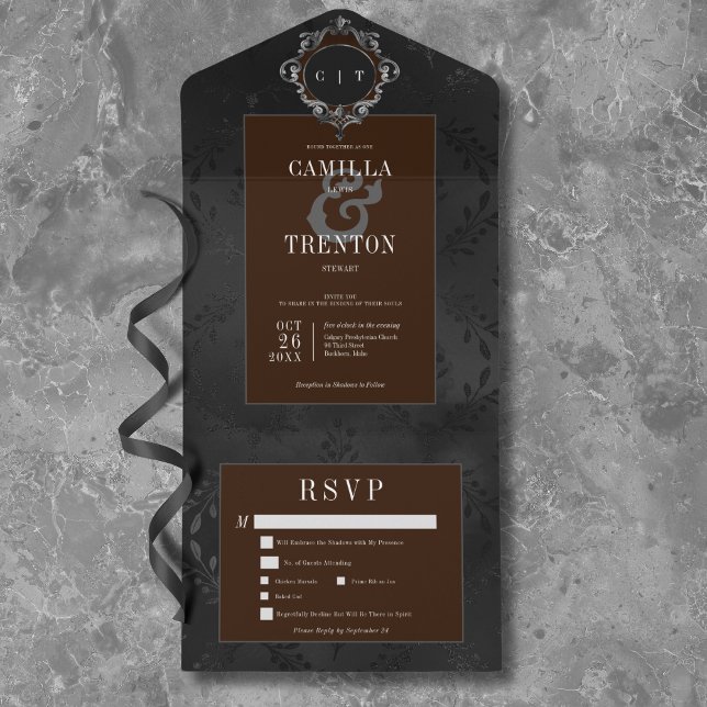 Invitation Tout En Un Dîner Gothique Noir et Brown Floral Satin (Dark Gothic Black & Brown Floral Satin Dinner All In One Invitation)