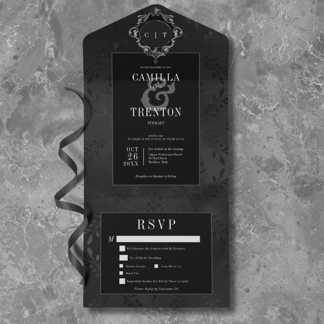 Invitation Tout En Un Dîner gothique noir et noir floral satin (Dark Gothic Black & Black Floral Satin Dinner All In One Invitation)