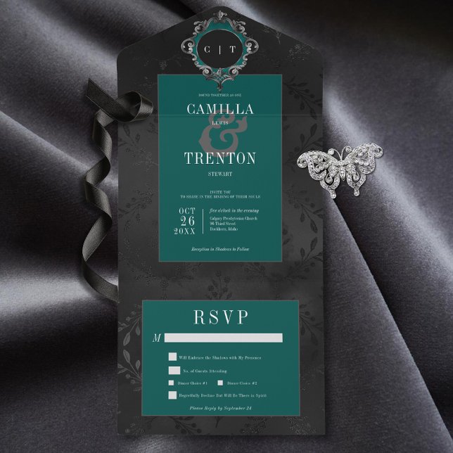Invitation Tout En Un Dîner Gothique Noir et Turquoise Floral Satin (Also available with a QR code or without dinner selection options.)