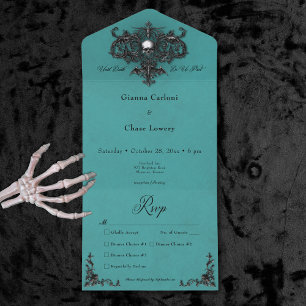 Invitation Tout En Un Dîner gothique noir et Turquoise Halloween en Fili