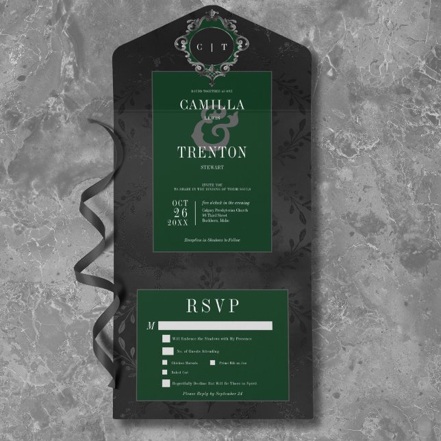 Invitation Tout En Un Dîner gothique noir et vert Floral Satin (Dark Gothic Black & Green Floral Satin Dinner All In One Invitation)
