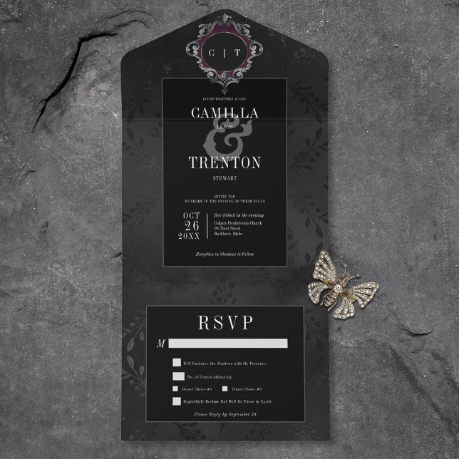 Invitation Tout En Un Dîner Gothique Noir Fleur Satin (Also available with a QR code or without dinner selection options.)
