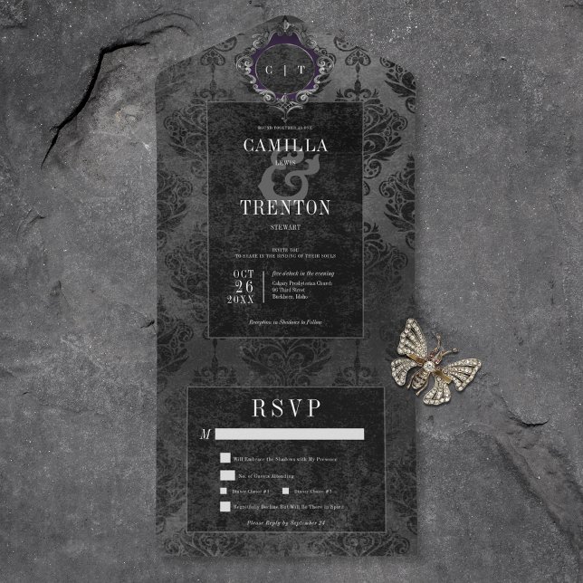 Invitation Tout En Un Dîner gothique noir foncé (Also available with a QR code or without dinner selection options.)