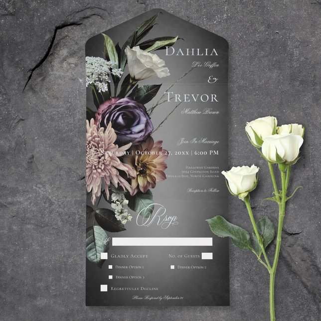 Invitation Tout En Un Dîner Gothique Sombre Mystérieux Floral Blur Muté (Dark Gothic Mysterious Muted Floral Blur Dinner All In One Invitation)