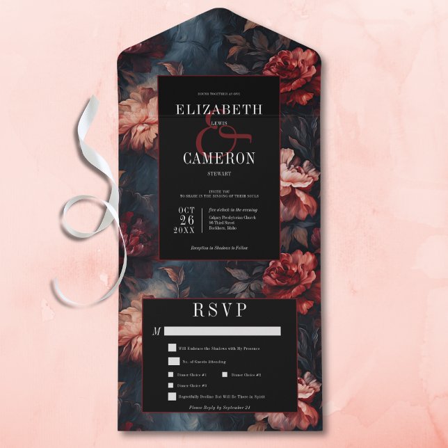 Invitation Tout En Un Dîner gothique Vintage rouge et rose floral (Dark Gothic Vintage Red & Pink Floral All in One Wedding Invitation with Dinner Options)
