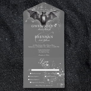 Invitation Tout En Un Dîner Halloween noir chauve-souris et diamants