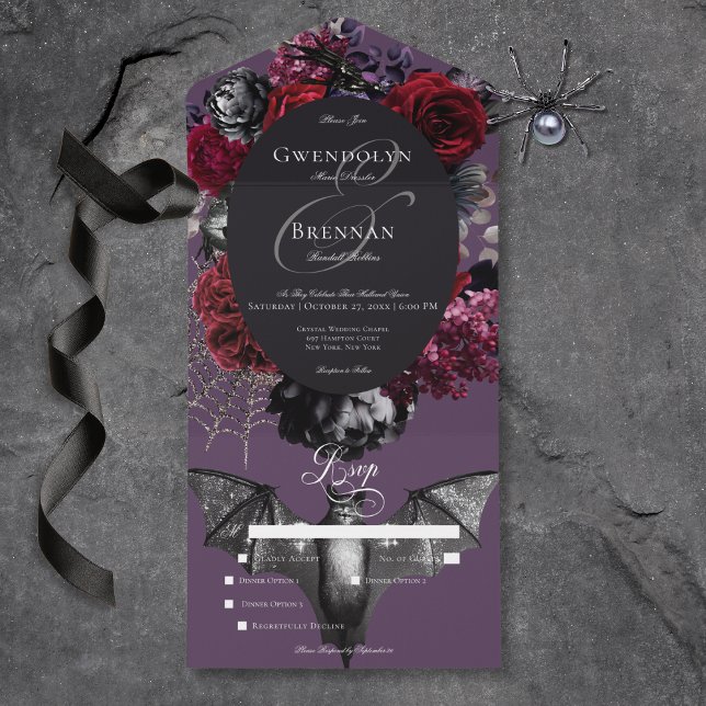Invitation Tout En Un Dîner Mariage Fleur violet foncé d'Halloween Glam (Dark Halloween Glam Floral Wedding Dinner All In One Invitation)