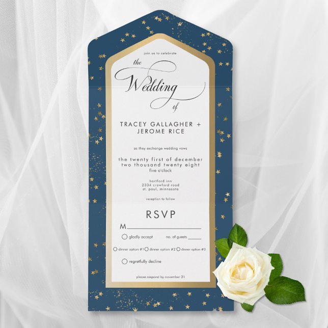 Invitation Tout En Un Dîner moderne bleu et blanc étoilé or (Modern Blue & White Starry Gold All In One Wedding Invitation with Dinner Options)
