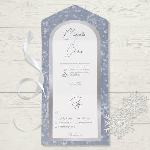 Invitation Tout En Un Dîner moderne Dusty Blue & Winter Snow Silver