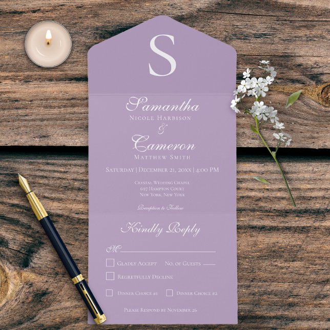 Invitation Tout En Un Dîner moderne Monogram Lavender (Créateur téléchargé)