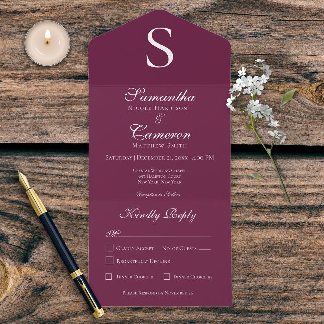 Invitation Tout En Un Dîner Monogram Bourgogne moderne (Créateur téléchargé)