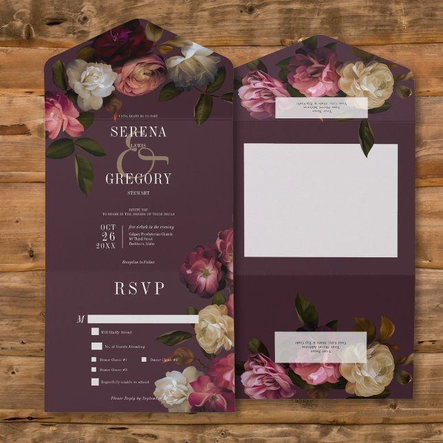 Invitation Tout En Un Dîner Moody Rose Burgundy & Cream Peonies (Dark Moody Pink Burgundy & Cream Peonies All In One Wedding Invitation with Dinner Options)