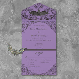 Invitation Tout En Un Dîner Noir Violet de la Chauve-souris Victorienne 