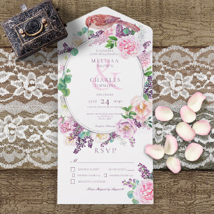 Invitation Tout En Un Dîner romantique Lilac & Rosé Floral Oval Frame