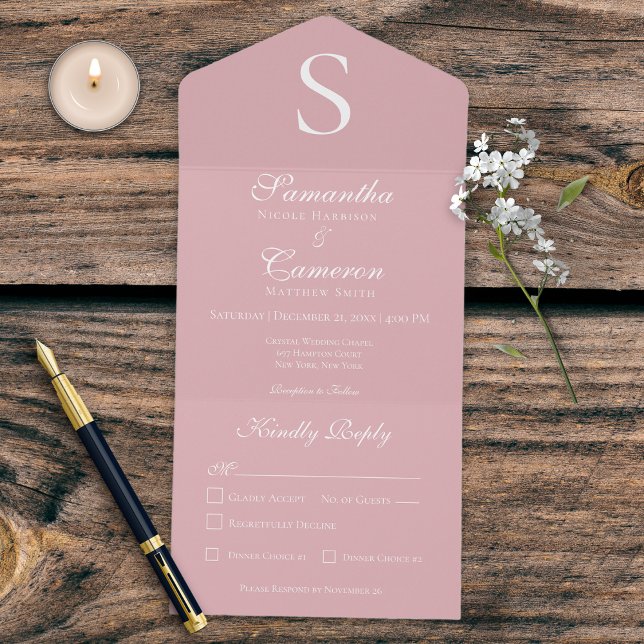 Invitation Tout En Un Dîner rose Monogramme moderne (Créateur téléchargé)