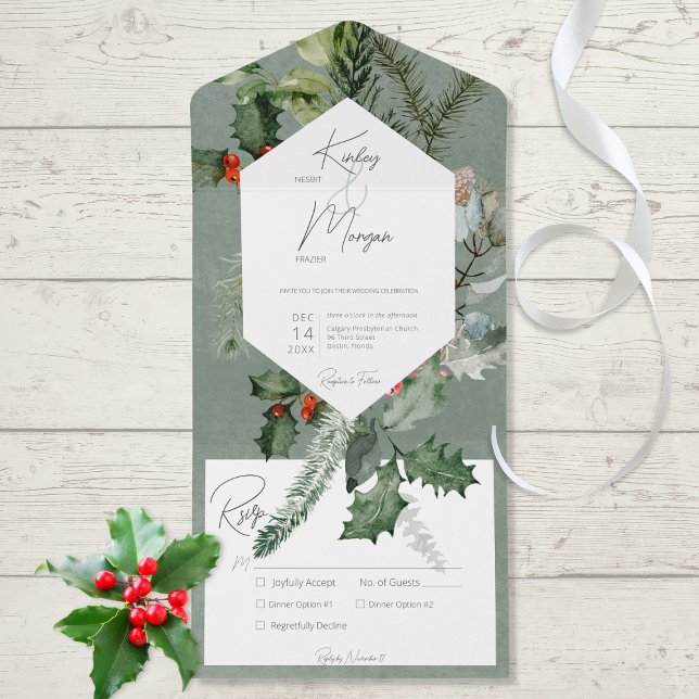 Invitation Tout En Un Dîner Rustic Holiday Green & Red Berries (Also available without dinner selection options or with a QR code.)