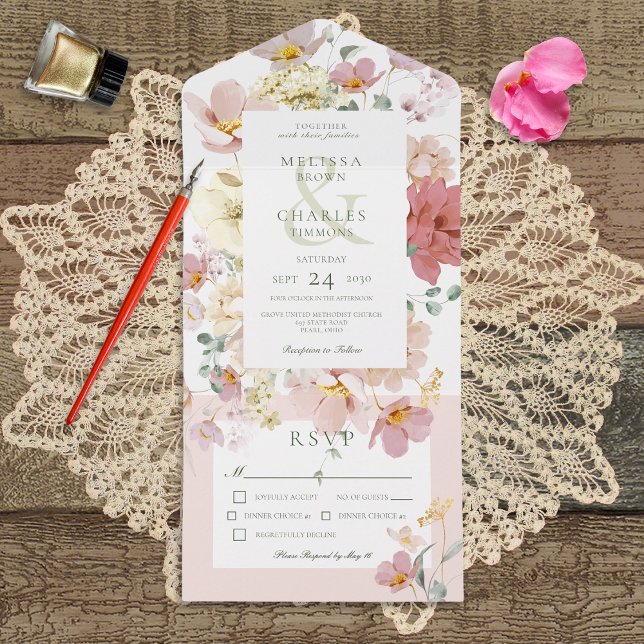 Invitation Tout En Un Dîner Rustique Blanc & Rose Boho Fleurs Dîner (Créateur téléchargé)