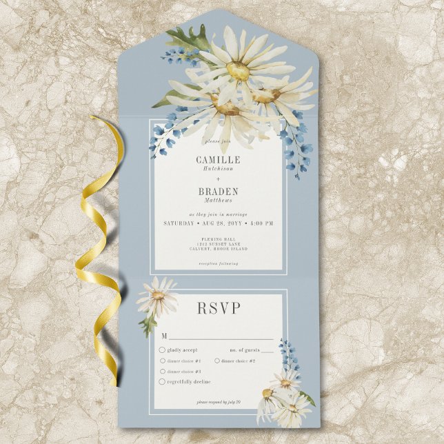 Invitation Tout En Un Dîner Rustique Bleu & Blanc Aquarelle (Rustic Blue & White Watercolor Daisies Dinner All In One Invitation)